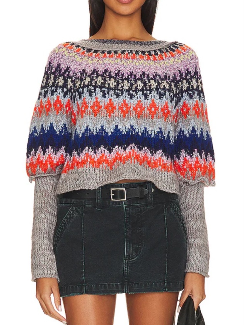 Free people home for the holidays cropped fair aisle sweater grey combo sz xs